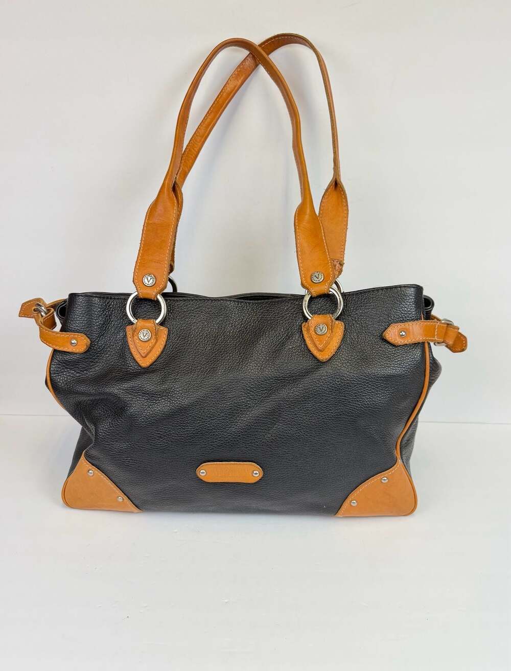 Valentina Italian Black and Tan Pebbled Leather Shoulder Bag